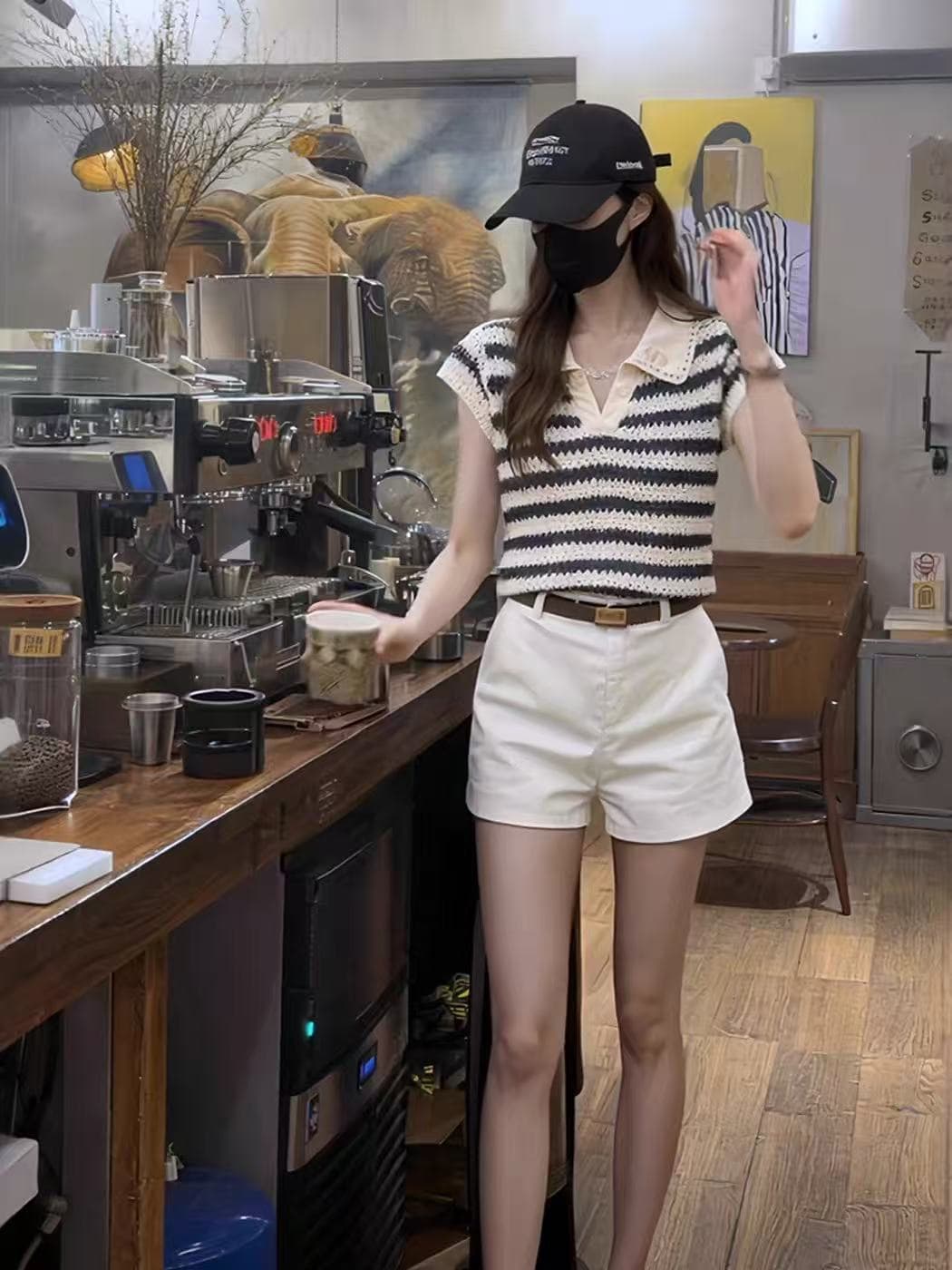 한 부서 배색 스트라이프 POLO 셔츠 니트 스웨터 여성 여름 새로운 레트로 품격 수리 홀로우 아웃 반팔 티셔츠 맨위 상세 이미지 5