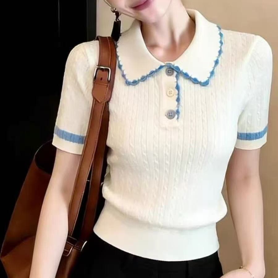 올해 인기 ~ 중 한 부서 폭발 POLO 칼라 니트 스웨터 반팔 티셔츠 여성 몸매 가꾸기 Chic 고유 한 쇼트 스타일 맨위 이미지 5