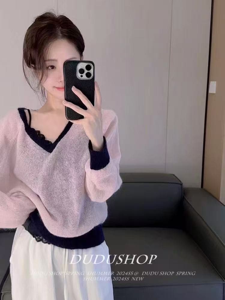 titi 아름다운 소녀 레트로 핑크색 패치워크 색상 V넥 부드러운 찹쌀 얇은 스타일 플리스 플러시 스웨터 부드러운 달콤함 맨위 상세 이미지 3