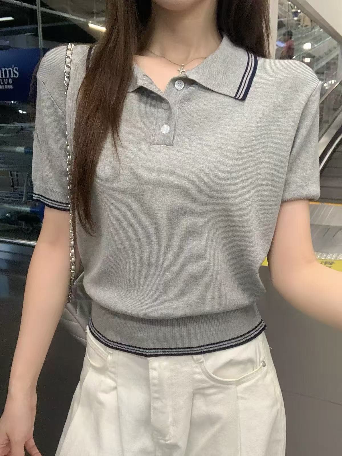 학원 스타일 POLO 칼라 반팔 니트 스웨터 여성 여름 배색 스트라이프 한 부서 품격 고급 센스 다용도 맨위 이미지 2