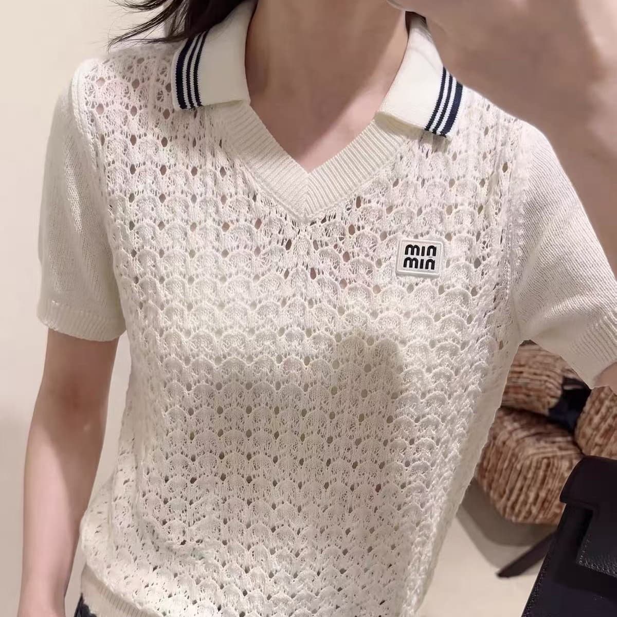 생각하기 지아 한 3 차원 홀로우 아웃 POLO 칼라 홀로우 아웃 니트 스웨터 여성 여름 반팔 슬림해 보이는 다용도 맨위 니트 가을 이미지 5