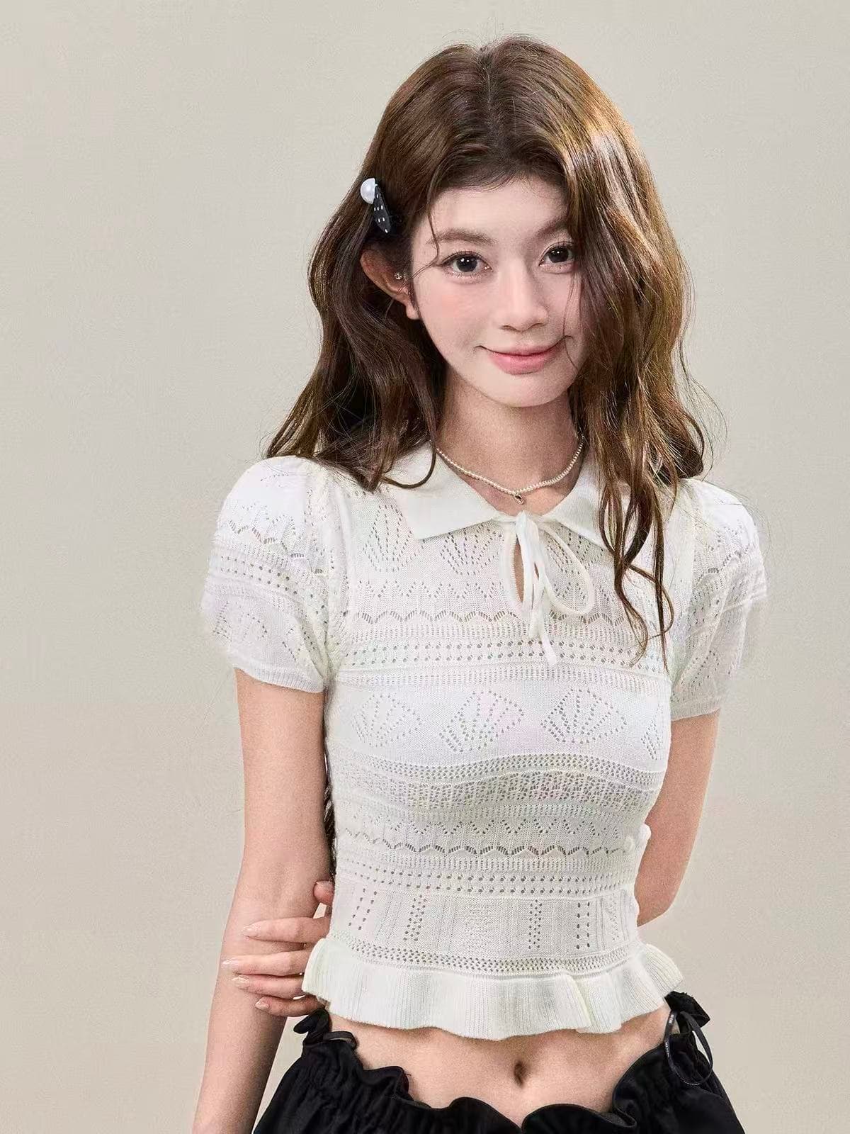 bbt sweety 양모 순수한 욕망 바람 홀로우 아웃 레이스업 반팔 티셔츠 여성 여름 품격 슬림해 보이는 쇼트 스타일 맨위 이미지 4