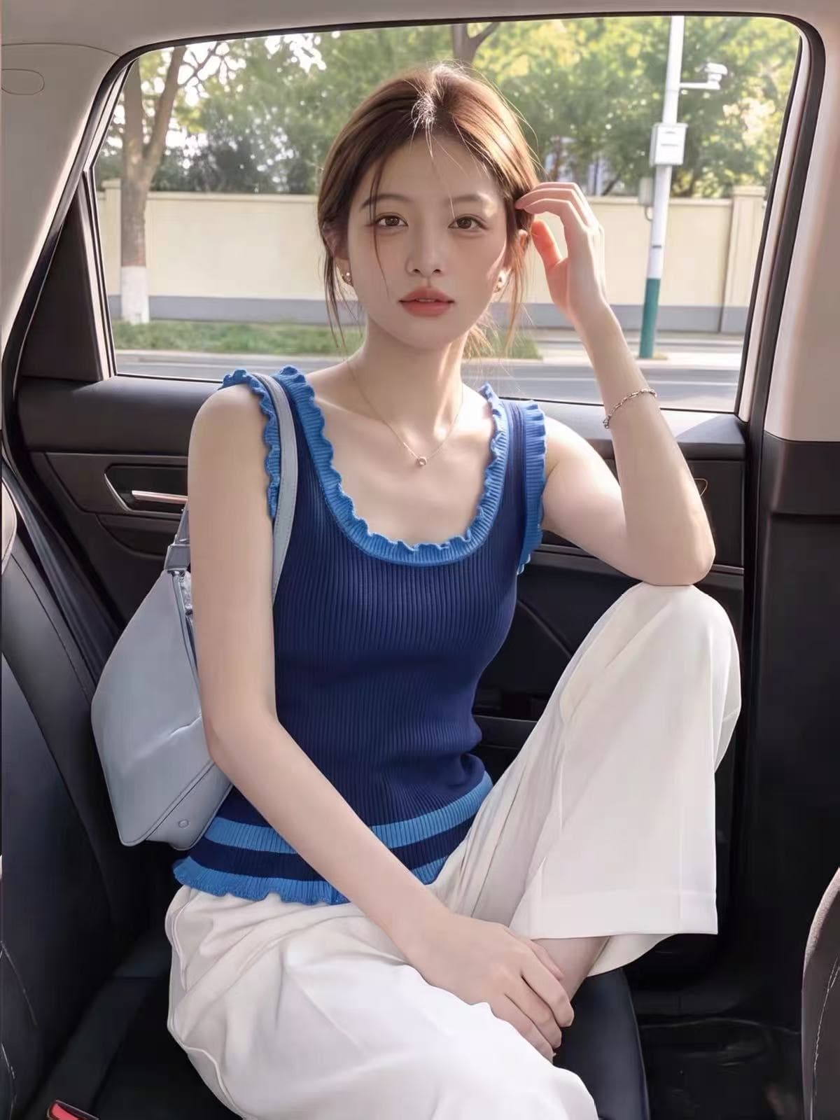 한 부서 레이스 패치워크 색상 u 칼라 스트라이프 캐미솔 여름 작은 키 외출용 몸매 가꾸기 슬림해 보이는 쇼트 스타일 맨위 이미지 2