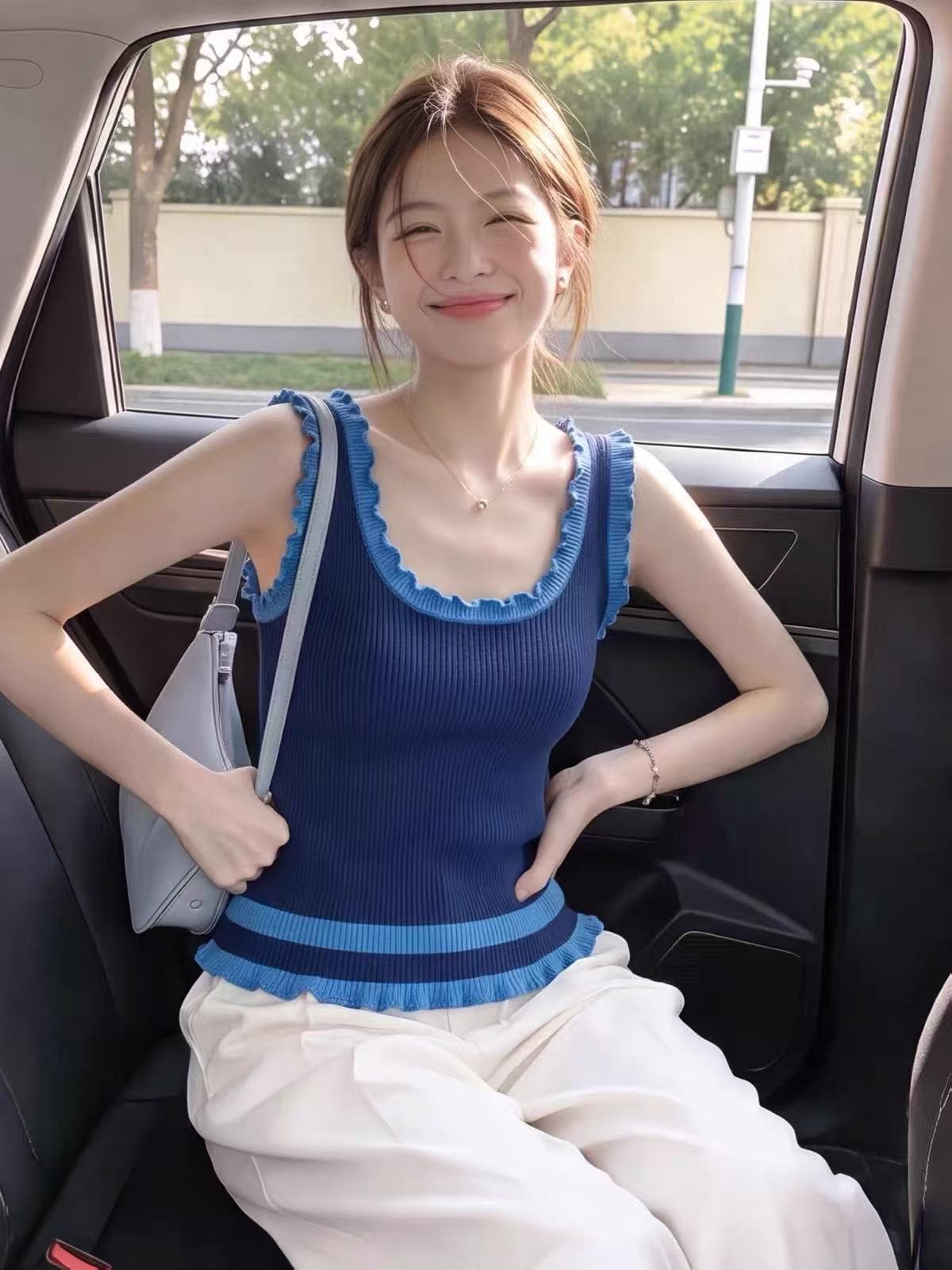 한 부서 레이스 패치워크 색상 u 칼라 스트라이프 캐미솔 여름 작은 키 외출용 몸매 가꾸기 슬림해 보이는 쇼트 스타일 맨위 상세 이미지 1