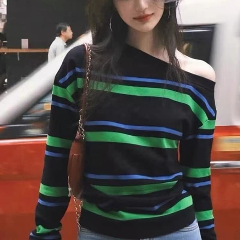 한 부서 비스듬한 어깨 스트라이프 티셔츠 여성 봄 가을 느긋한 바람 느슨함 센스 작은 대중 아니요 명중 섹션 고유 한 슈퍼 잘 생긴 맨위 이미지 5