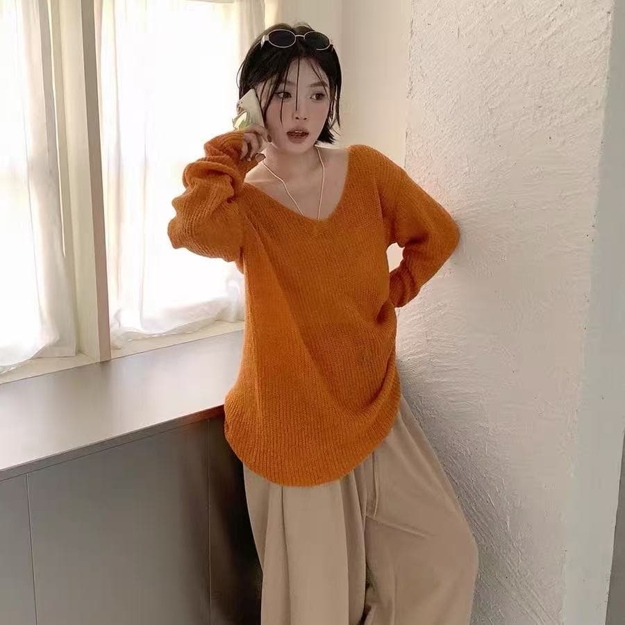 느긋한 바람 주황색 V넥 풀오버 스웨터 여자 가을 겨울 고급 센스 와이드 부드러운 찹쌀 만나는 니트 스웨터 아름다운 맨위 이미지 5