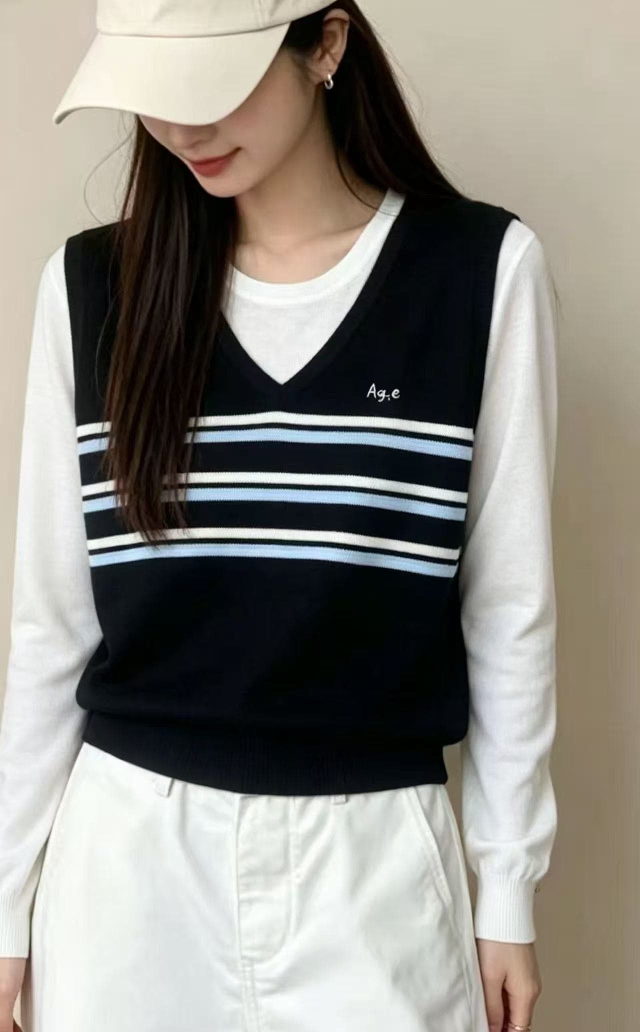 학원 스타일 배색 스트라이프 라운드 넥 페이크 레이어드 얼음 실크 긴팔 니트 스웨터 여성 여름 작은 키 디자인 센스 맨위 상세 이미지 5