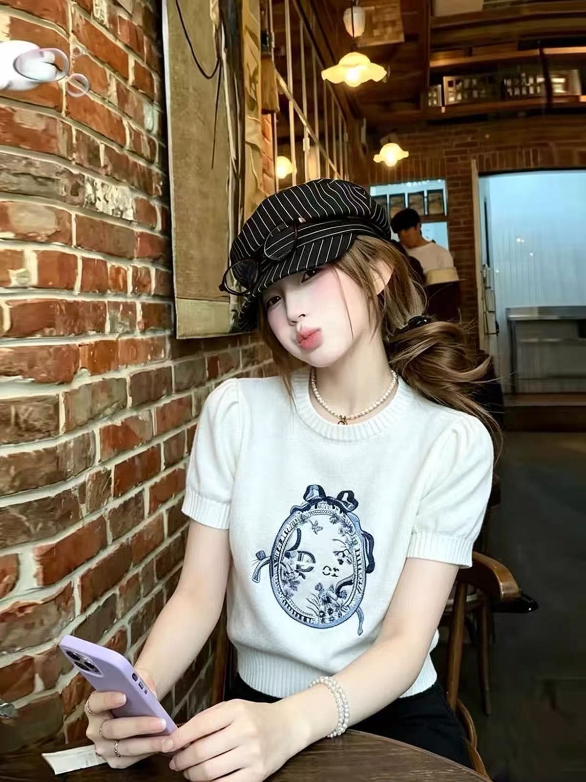 inno studio 레트로 부드러운 바람 자수 꽃무늬 반팔 니트 스웨터 디자인 센스 슬림해 보이는 다용도 맨위 여성 상세 이미지 1