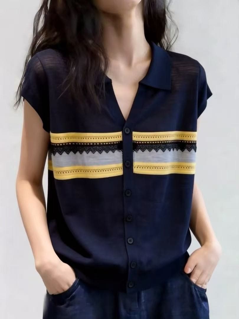 POLO 칼라 스트라이프 얇은 스타일 반팔 니트 스웨터 여성 2026 새로운 여름 빅 사이즈 지방 mm 패션 미니멀리즘 루즈핏 맨위 상세 이미지 5