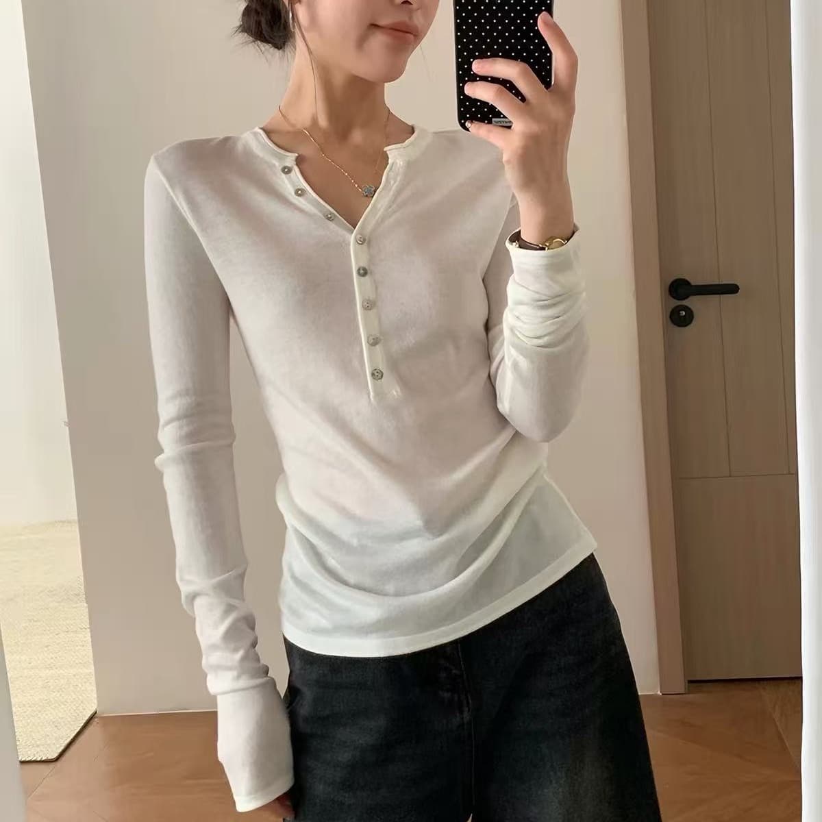 오래된 돈 바람 회색 몸매 가꾸기 헨리 셔츠 V넥 긴팔 티셔츠 여성 이른 가을 고급 센스 니트 기본 셔츠 인사이드 잡아라. 의류 이미지 5