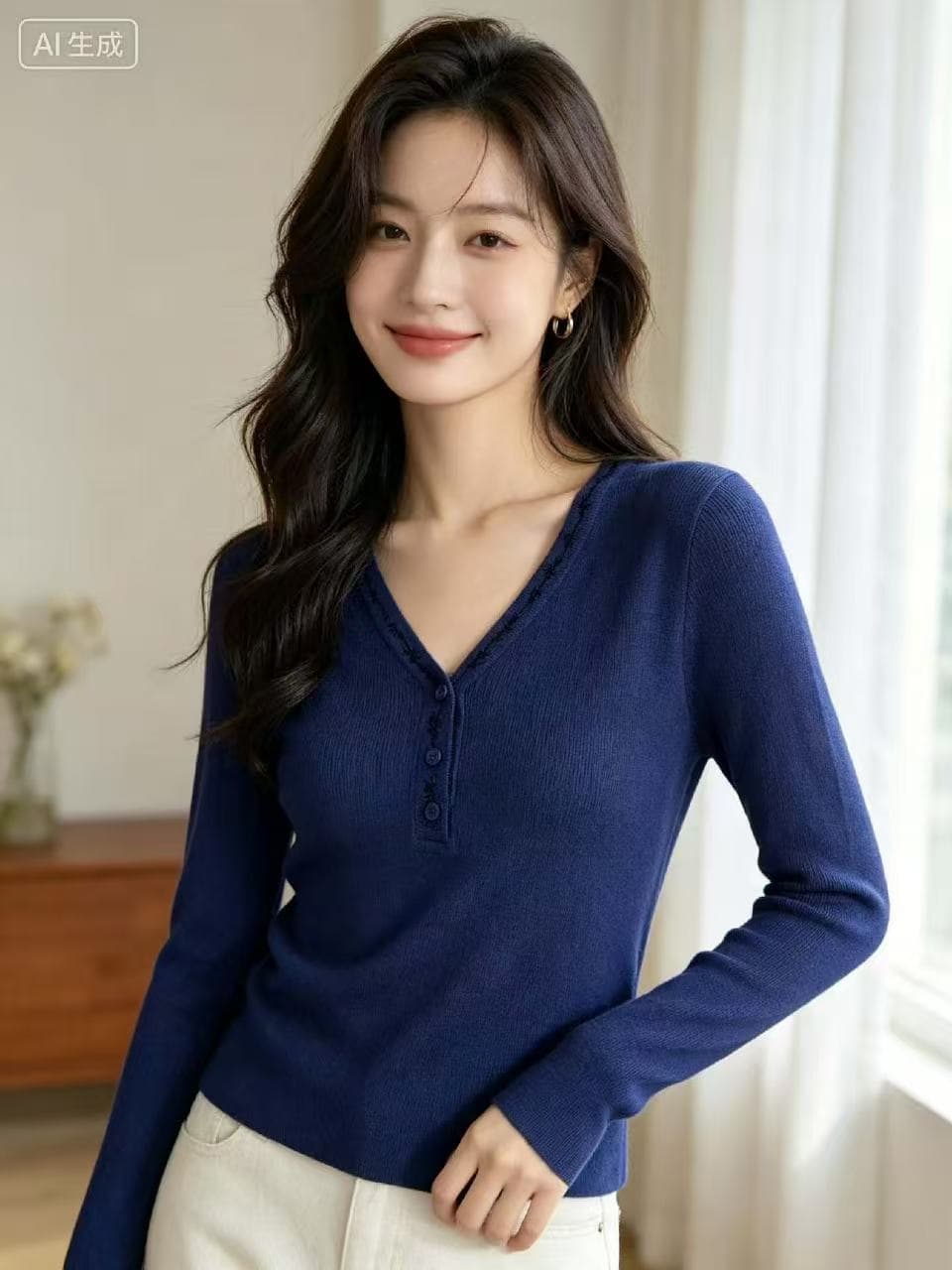 연삭 털 저항 기사 반 개방 칼라 긍정적 인 어깨 긴팔 티셔츠 여성 2026 가을 새로운 V넥 단추 디자인 센스 인사이드 가져 가라. 기본 셔츠 이미지 2