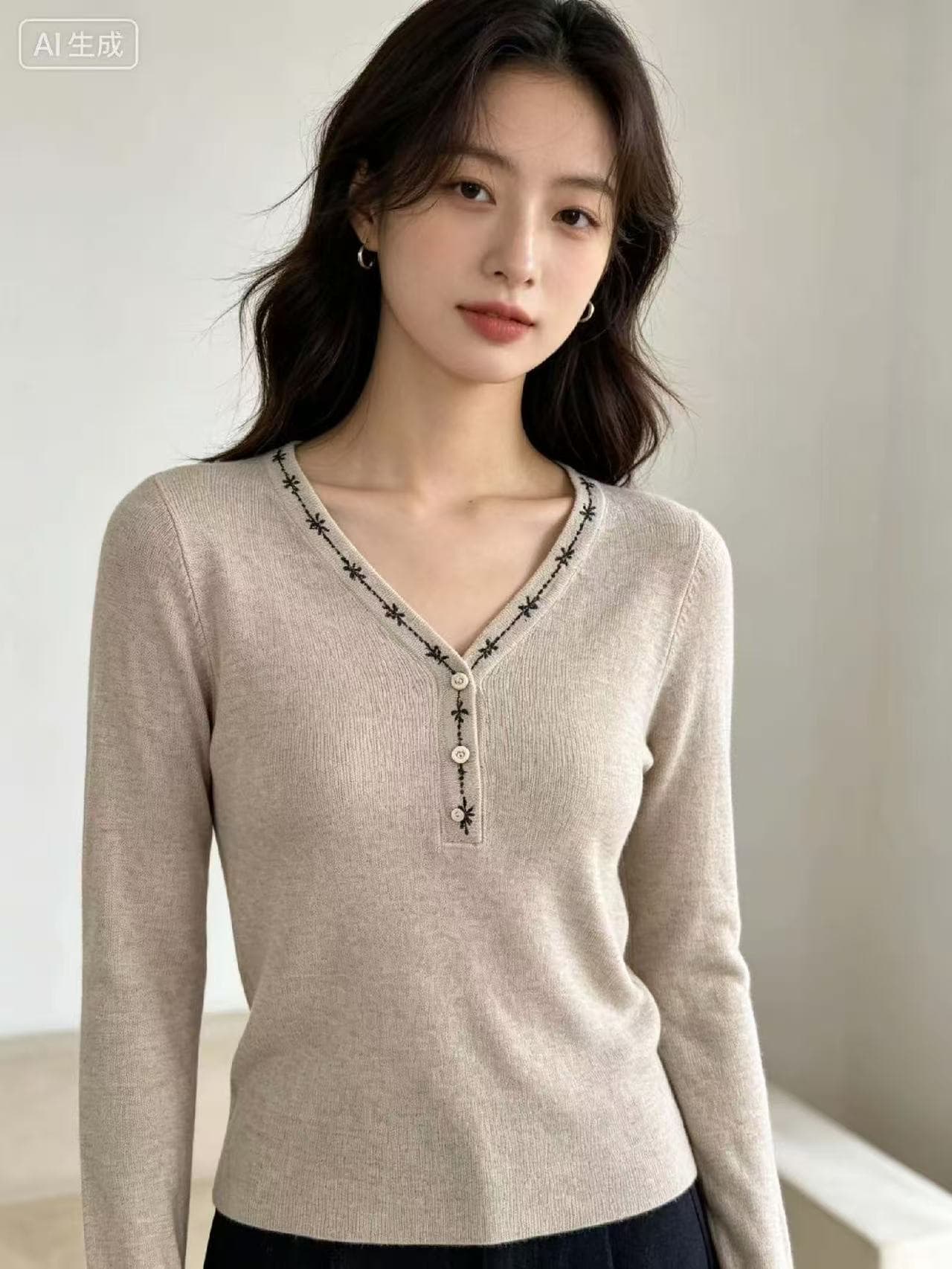 연삭 털 저항 기사 반 개방 칼라 긍정적 인 어깨 긴팔 티셔츠 여성 2026 가을 새로운 V넥 단추 디자인 센스 인사이드 가져 가라. 기본 셔츠 상세 이미지 3