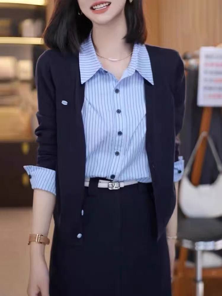 페이크 레이어드 스트라이프 니트 오픈 가디건 여성 봄 가을 겨울 2026 새로운 주황색 POLO 칼라 스웨터 연령 감소 긴팔 맨위 이미지 3