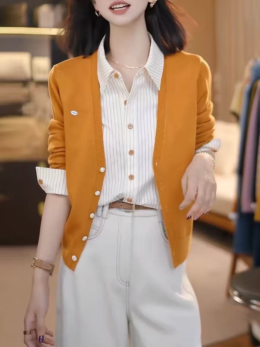 페이크 레이어드 스트라이프 니트 오픈 가디건 여성 봄 가을 겨울 2026 새로운 주황색 POLO 칼라 스웨터 연령 감소 긴팔 맨위 이미지 2