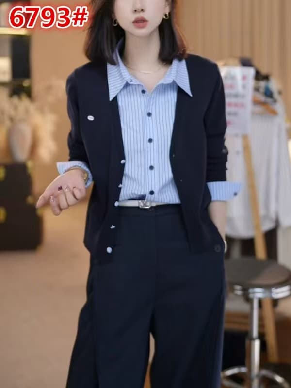 페이크 레이어드 스트라이프 니트 오픈 가디건 여성 봄 가을 겨울 2026 새로운 주황색 POLO 칼라 스웨터 연령 감소 긴팔 맨위 상세 이미지 1