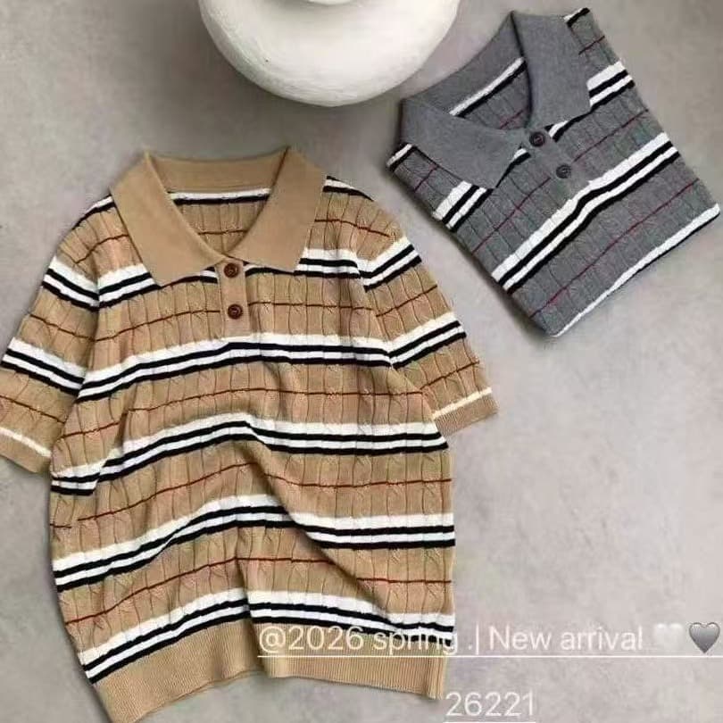 2026 새로운 디자인 센스 레트로 스트라이프 POLO 칼라 반팔 니트 스웨터 여성 다용도 패션 슬림해 보이는 연령 감소 맨위 이미지 5