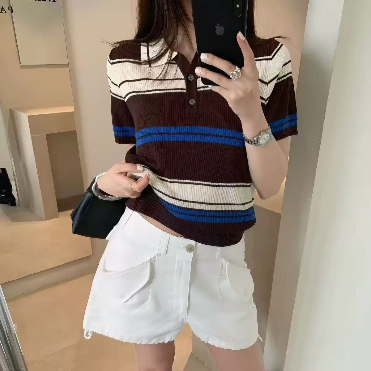 유럽 상품 디자인 센스 여름 패션 배색 POLO 칼라 스트라이프 니트 스웨터 반팔 슬림해 보이는 니트 티셔츠 여성 셔츠 상세 이미지 1