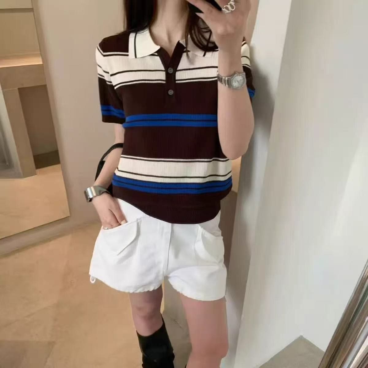 유럽 상품 디자인 센스 여름 패션 배색 POLO 칼라 스트라이프 니트 스웨터 반팔 슬림해 보이는 니트 티셔츠 여성 셔츠 상세 이미지 4