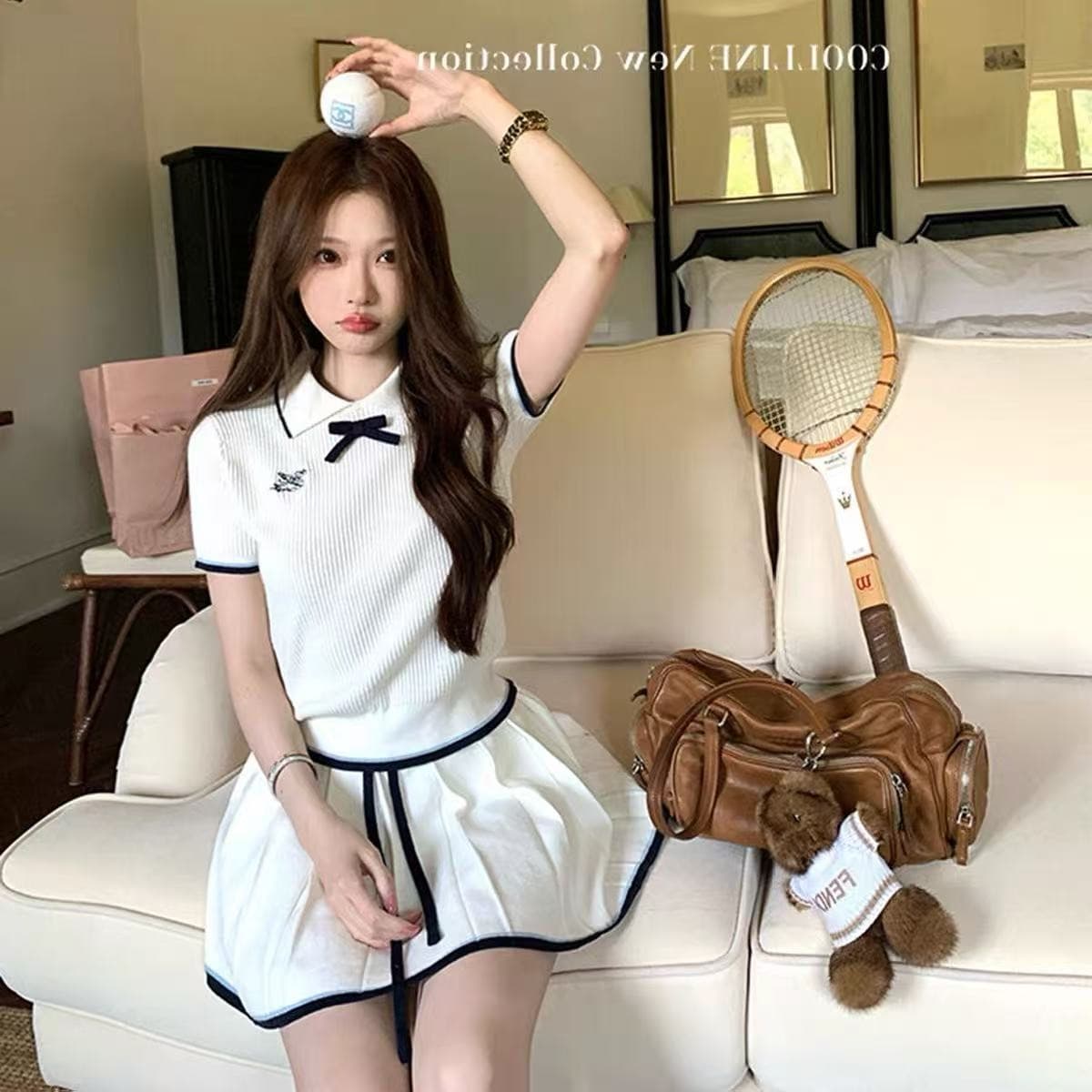 blue rose 학원 소녀 바람 폴로 칼라 여성 드레스 여름 디자인 센스 허리 수축 슬림해 보이는 플리츠 한 마디 치마 세트 이미지 5