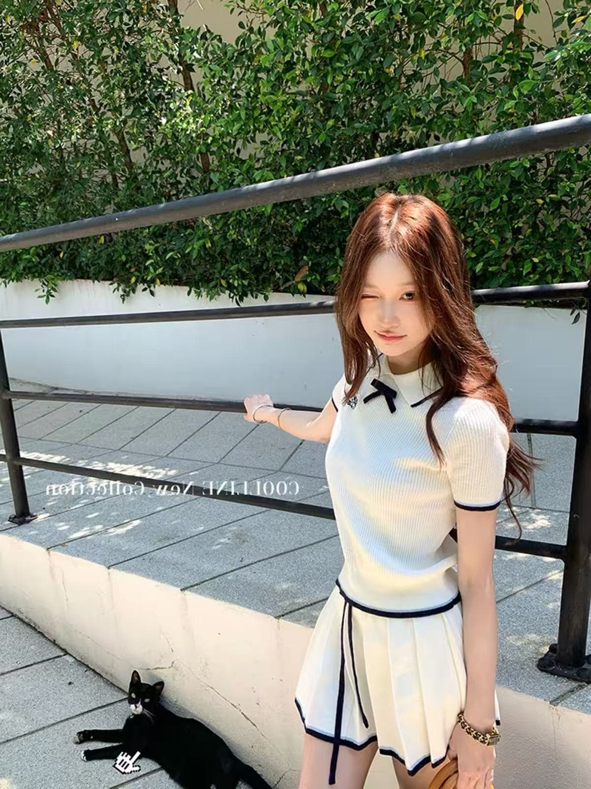 blue rose 학원 소녀 바람 폴로 칼라 여성 드레스 여름 디자인 센스 허리 수축 슬림해 보이는 플리츠 한 마디 치마 세트 상세 이미지 2