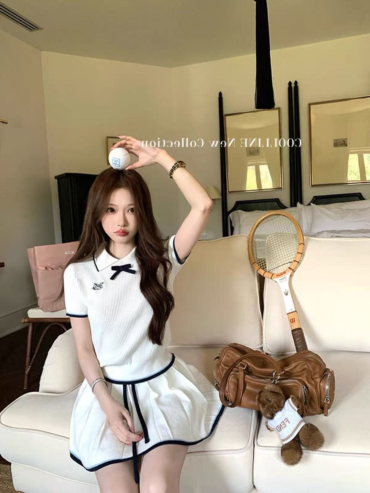 blue rose 학원 소녀 바람 폴로 칼라 여성 드레스 여름 디자인 센스 허리 수축 슬림해 보이는 플리츠 한 마디 치마 세트 상세 이미지 5