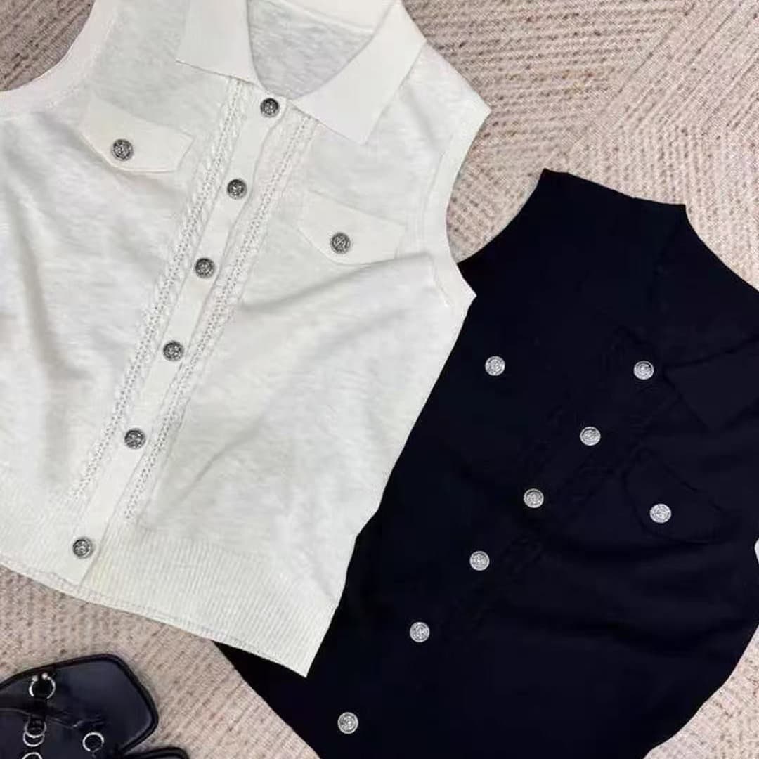 오래된 돈 바람 POLO 칼라 니트 조끼 여자 여름 민소매 단추 품격 고급 센스 빛 요리 한 바람 슬림해 보이는 다용도 맨위 이미지 5