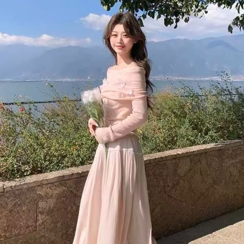 Ouyang 안녕하세요. 깃털 빛 속삭임 꽃 홀로우 아웃 몸매 가꾸기 핑크색 여성 가을 겨울철 새로운 인사이드 잡아라. 의류 이미지 5