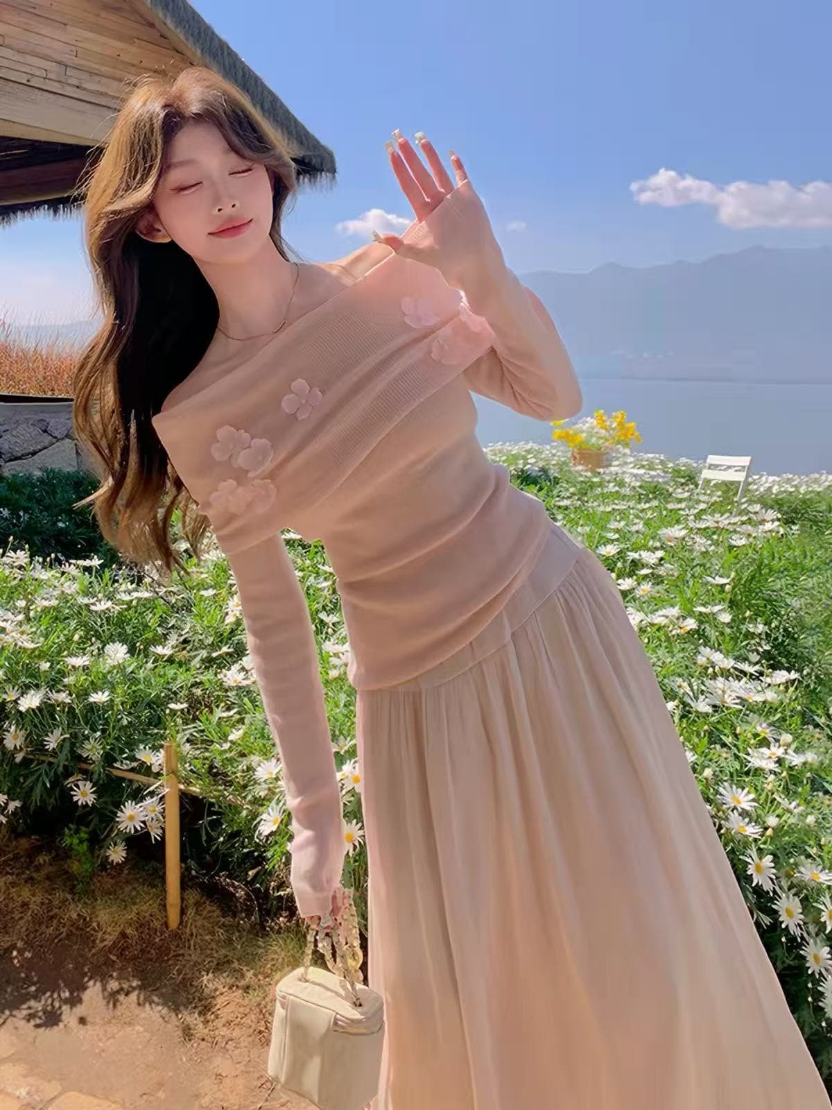 Ouyang 안녕하세요. 깃털 빛 속삭임 꽃 홀로우 아웃 몸매 가꾸기 핑크색 여성 가을 겨울철 새로운 인사이드 잡아라. 의류 상세 이미지 1
