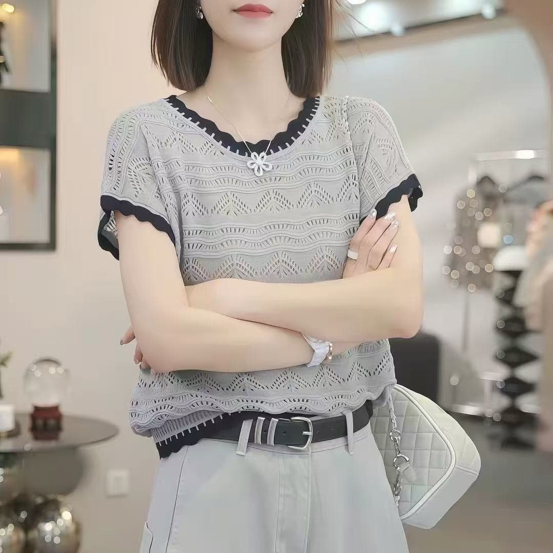 여름 라운드 넥 홀로우 아웃 니트 스웨터 여성용 짧은 소매 레이스 패치워크 통기성 패션 외국 가스 작은 셔츠 맨위 얇은 스타일 루즈핏 상세 이미지 2