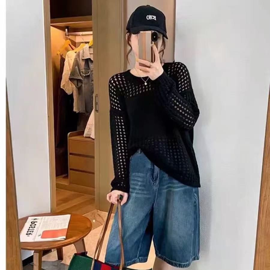 한 부서 느긋한 바람 홀로우 아웃 긴팔 니트 스웨터 여성 봄 여름 새로운 다용도 슬림해 보이는 표지 고기 자외선 차단 외출용 블라우스 이미지 5