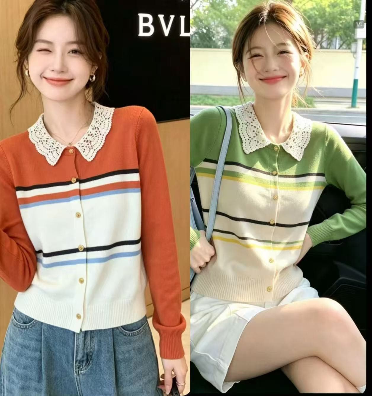 올해 인기 ~ 중 폭발 여름 2026 새로운 레이스 폴로 칼라 스트라이프 긴팔 니트 스웨터 여성 그레이트 봐. 의류 상세 이미지 1