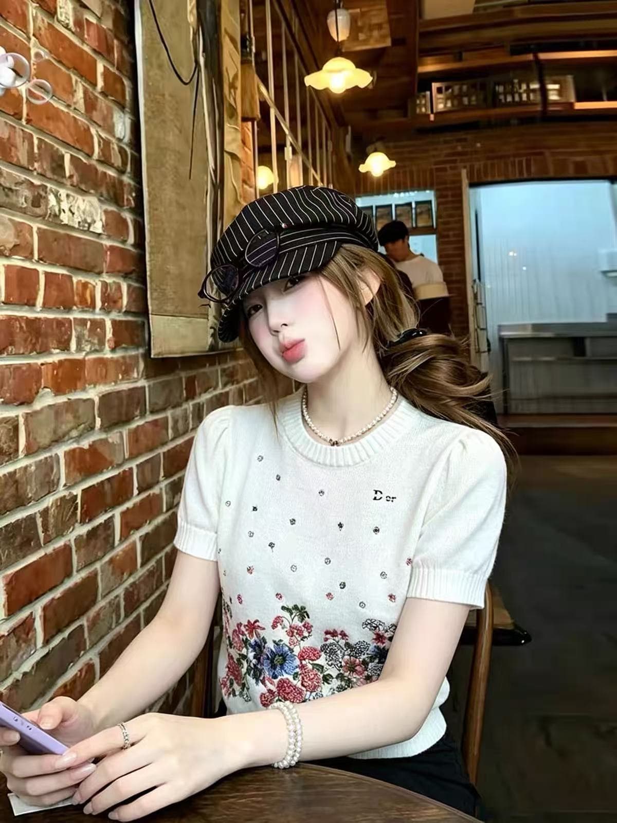 caicaii studio 부드러운 자수 꽃무늬 니트 스웨터 반팔 여성 고급 센스 라운드 넥 슬림해 보이는 다용도 맨위 상세 이미지 1