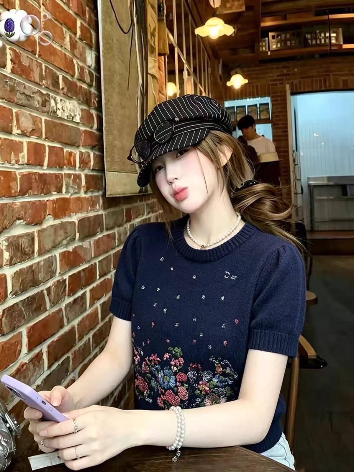 caicaii studio 부드러운 자수 꽃무늬 니트 스웨터 반팔 여성 고급 센스 라운드 넥 슬림해 보이는 다용도 맨위 상세 이미지 3
