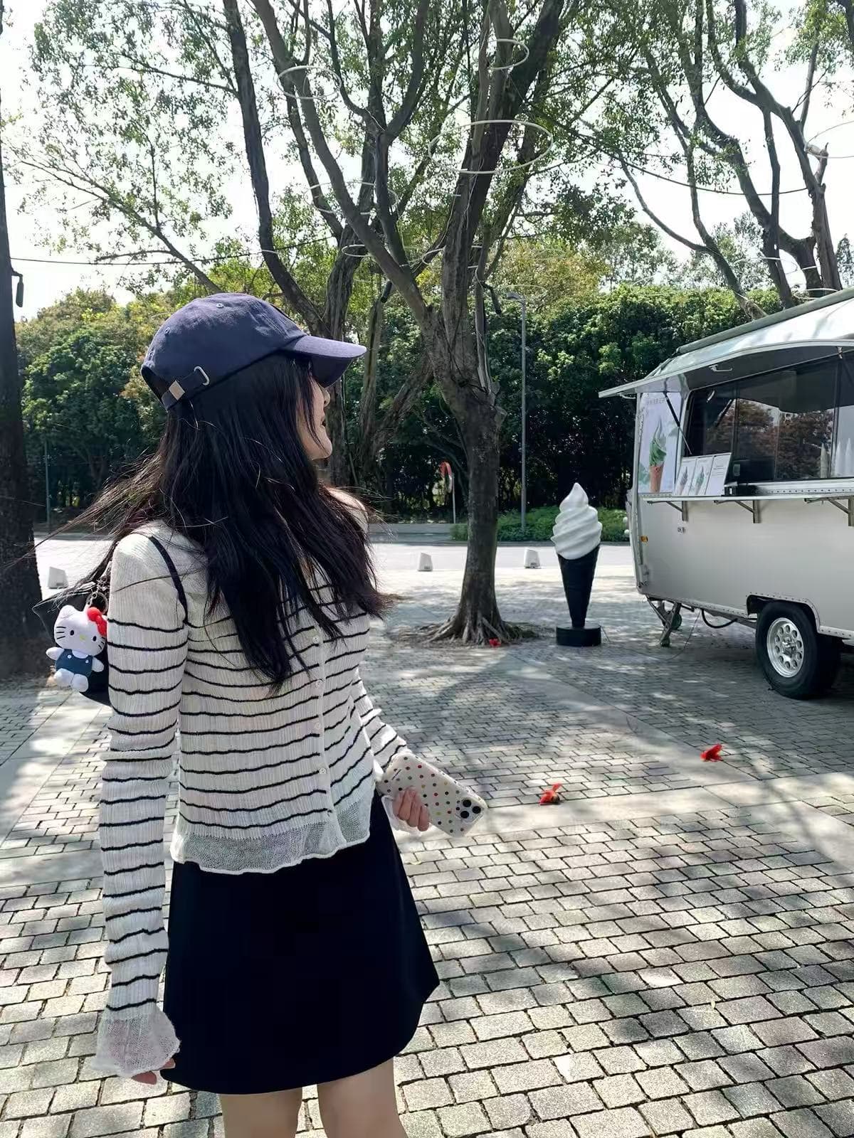 xierz 주 ㅁ 어린이 한 부서 품격 살구 색상 바닥 검정색 스트라이프 긴팔 니트 오픈 가디건 얇은 스타일 슬림해 보이는 맨위 이미지 4