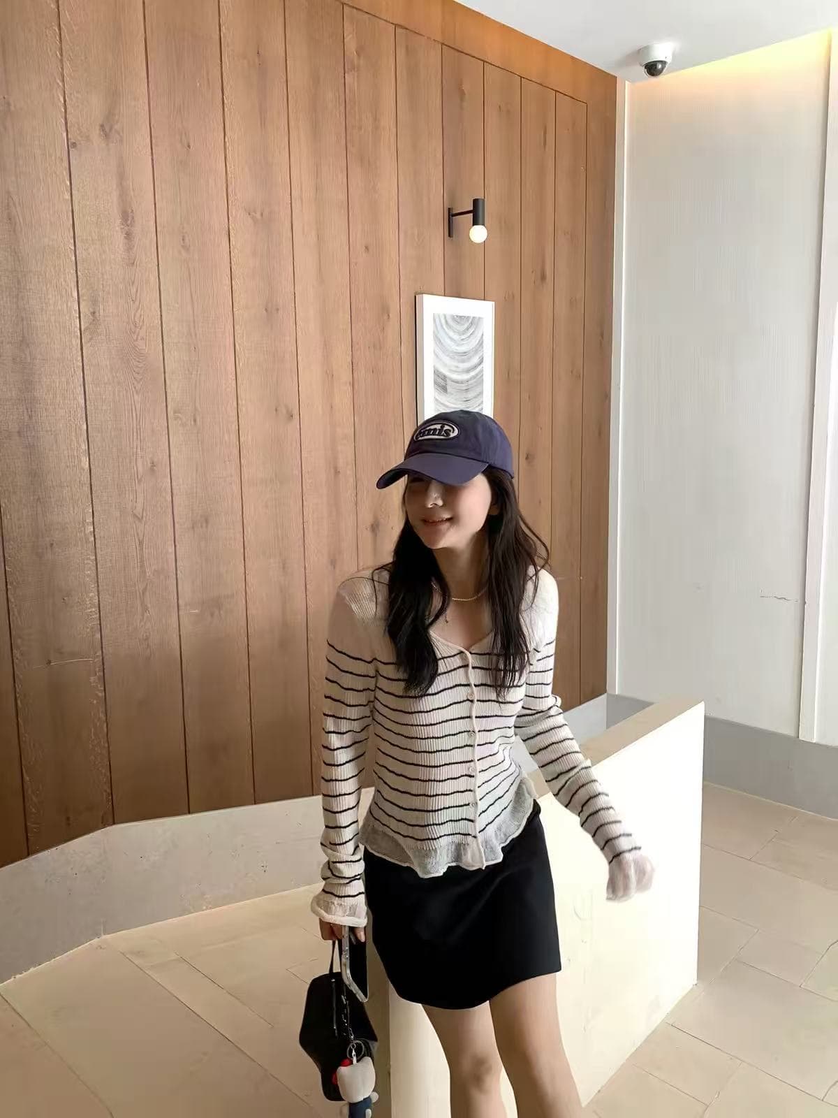 xierz 주 ㅁ 어린이 한 부서 품격 살구 색상 바닥 검정색 스트라이프 긴팔 니트 오픈 가디건 얇은 스타일 슬림해 보이는 맨위 상세 이미지 1