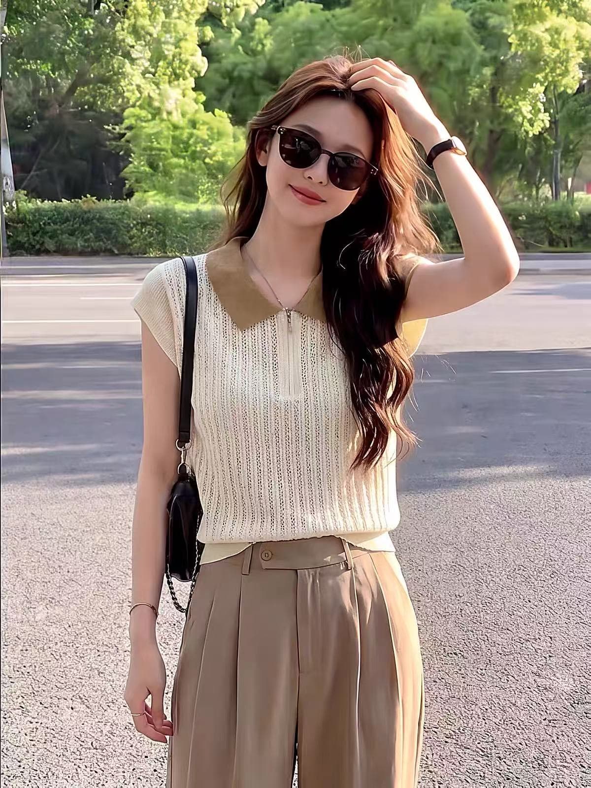 한 부서 배색 폴로 칼라 니트 스웨터 여성 여름 얇은 스타일 통기성 홀로우 아웃 디자인 센스 지퍼 칼라 반팔 티셔츠 맨위 상세 이미지 3