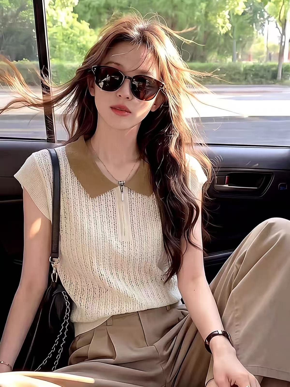 한 부서 배색 폴로 칼라 니트 스웨터 여성 여름 얇은 스타일 통기성 홀로우 아웃 디자인 센스 지퍼 칼라 반팔 티셔츠 맨위 상세 이미지 5