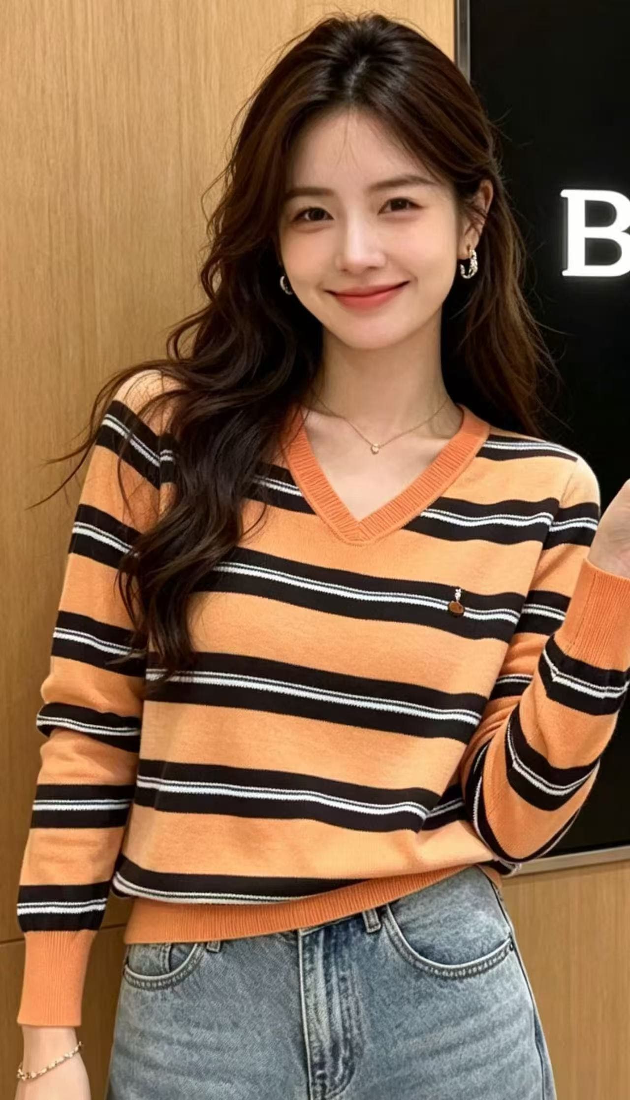 가을 겨울 새로운 여성 패션 다용도 V넥 스트라이프 풀오버 니트 스웨터 스웨터 이미지 4