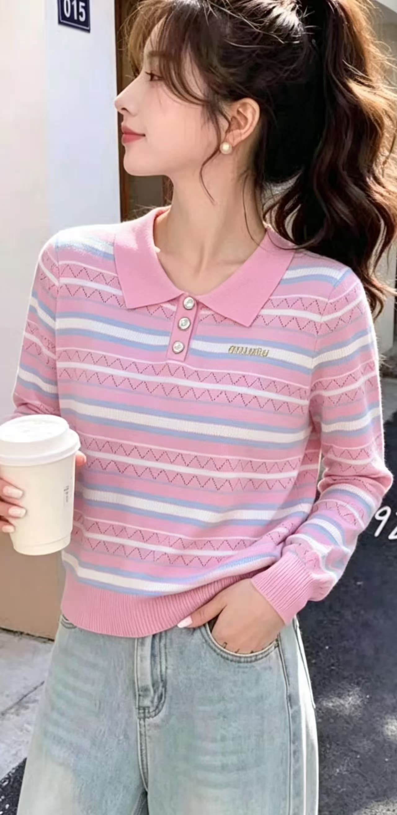 POLO 칼라 스트라이프 니트 기본 셔츠 여성 봄 가을 외국 가스 빅 사이즈 여성 의류 맨위 가을 겨울 스웨터 상세 이미지 3