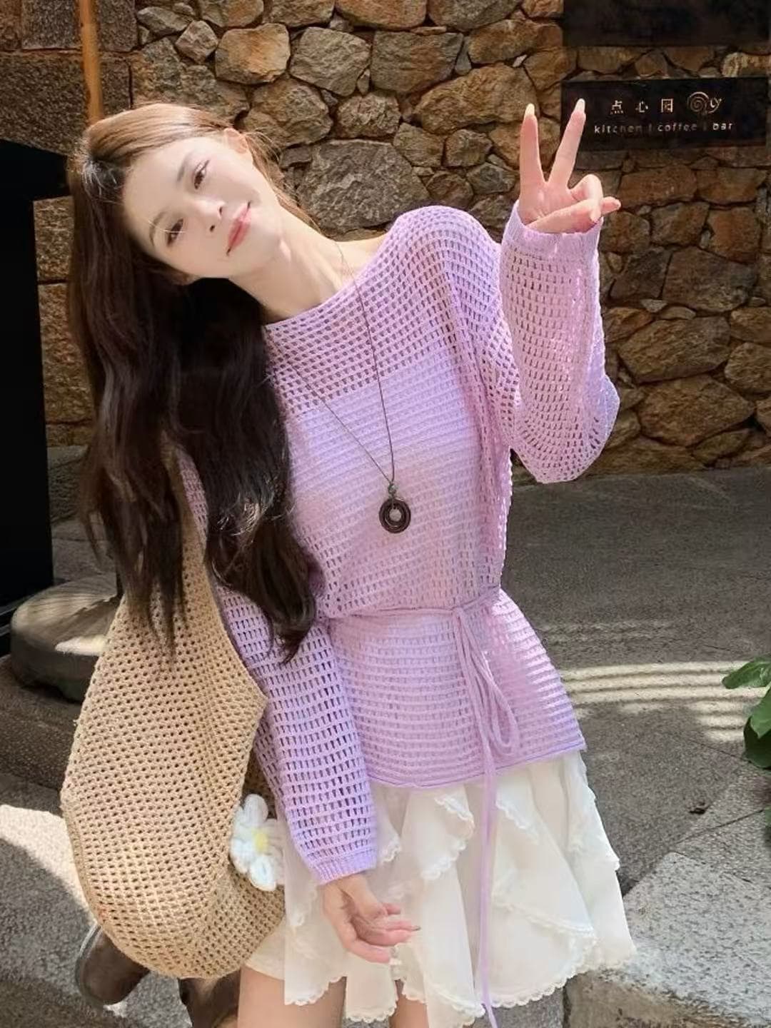느긋한 바람 얇은 스타일 홀로우 아웃 시스루 니트 스웨터 티셔츠 루즈핏 자외선 차단 블라우스 품격 섹시함 비스듬한 어깨 긴팔 맨위 이미지 2