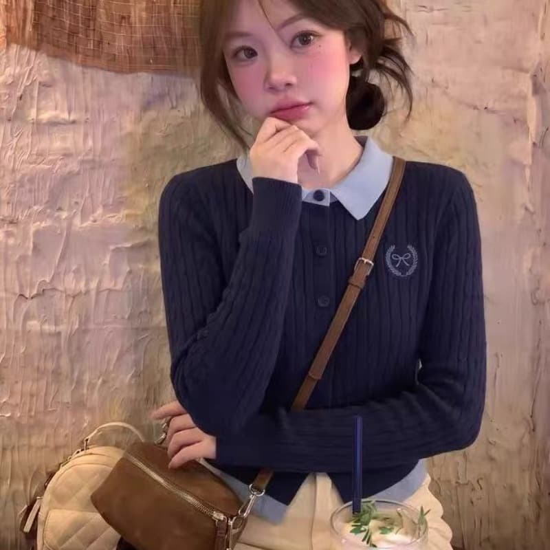 한 부서 학원 스타일 페이크 레이어드 배색 POLO 칼라 긴팔 니트 오픈 가디건 여성 이른 가을 새로운 품격 캐주얼 맨위 이미지 5