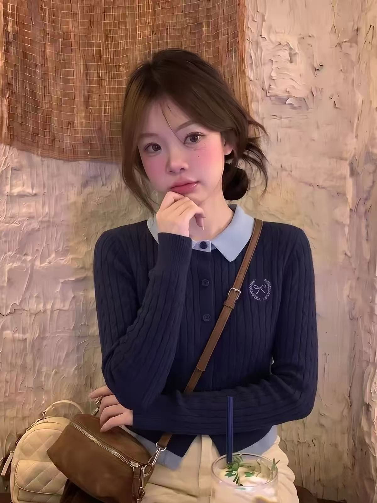 한 부서 학원 스타일 페이크 레이어드 배색 POLO 칼라 긴팔 니트 오픈 가디건 여성 이른 가을 새로운 품격 캐주얼 맨위 상세 이미지 1