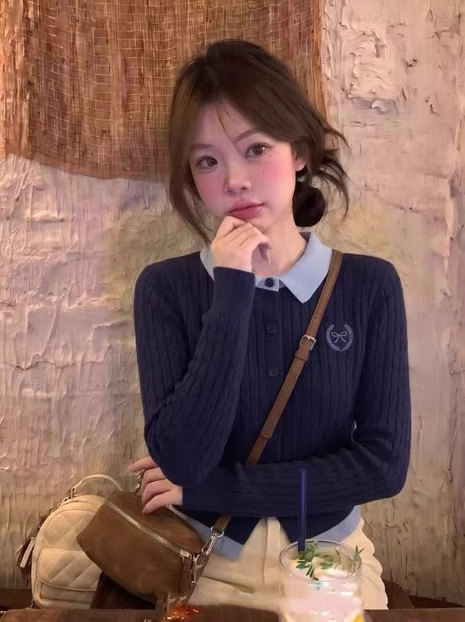 한 부서 학원 스타일 페이크 레이어드 배색 POLO 칼라 긴팔 니트 오픈 가디건 여성 이른 가을 새로운 품격 캐주얼 맨위 상세 이미지 5