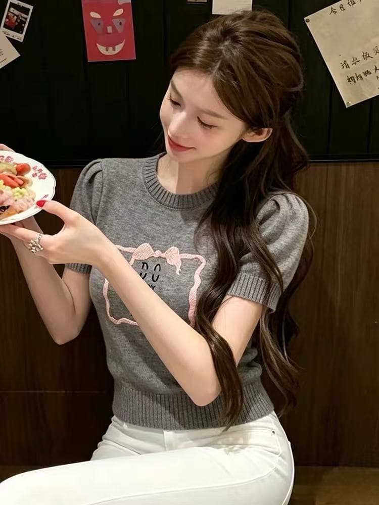 retroi studio 한 부서 소녀 센스 물결무늬 상자 나비 매듭 니트 스웨터 부드러운 찹쌀 작은 키 반팔 티셔츠 여성 상세 이미지 2