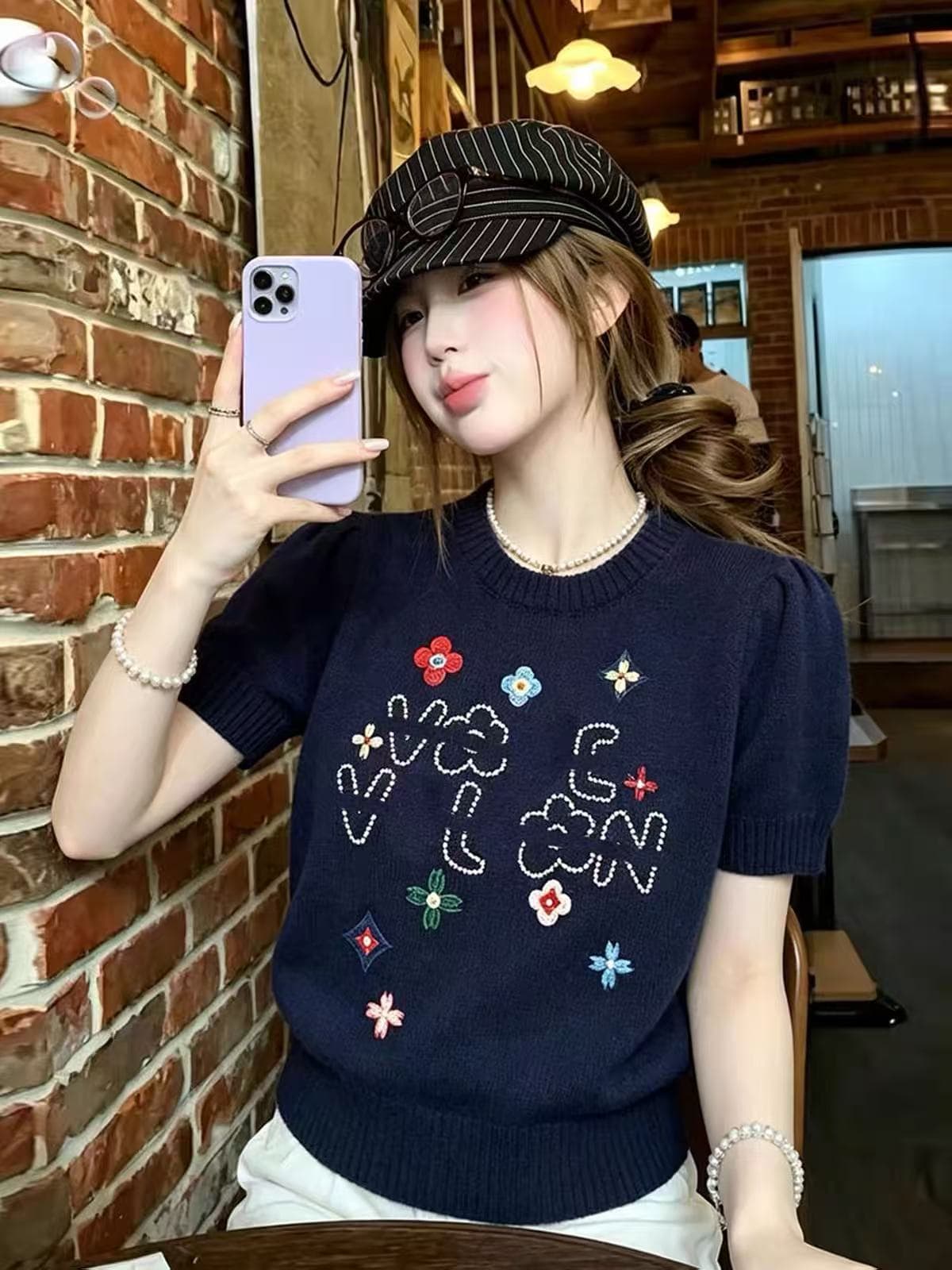 caicaii studio 레트로 색상 꽃 자수 반팔 니트 스웨터 라운드 넥 루즈핏 슬림해 보이는 다용도 맨위 이미지 2