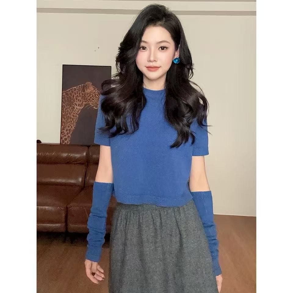 한국 스타일 파란색 반하이넥 소매 커버 니트 스웨터 여성 2026 조기 가을 새로운 품격 슬림해 보이는 반팔 스웨터 맨위 이미지 5