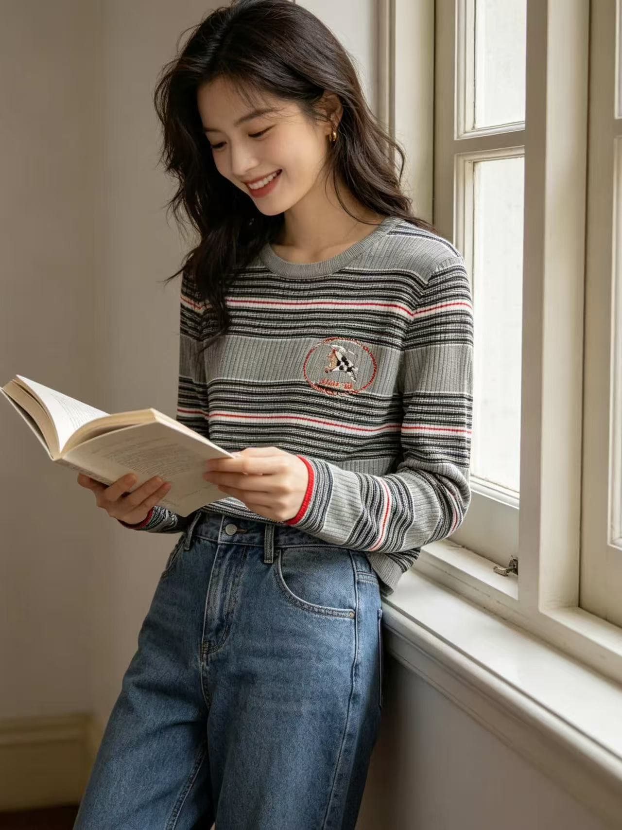 용 안녕하세요. 어린이 니트 티셔츠 여성 복잡한 고대 돈 바람 패션 배색 스트라이프 POLO 칼라 몸매 가꾸기 반팔 z385 이미지 4