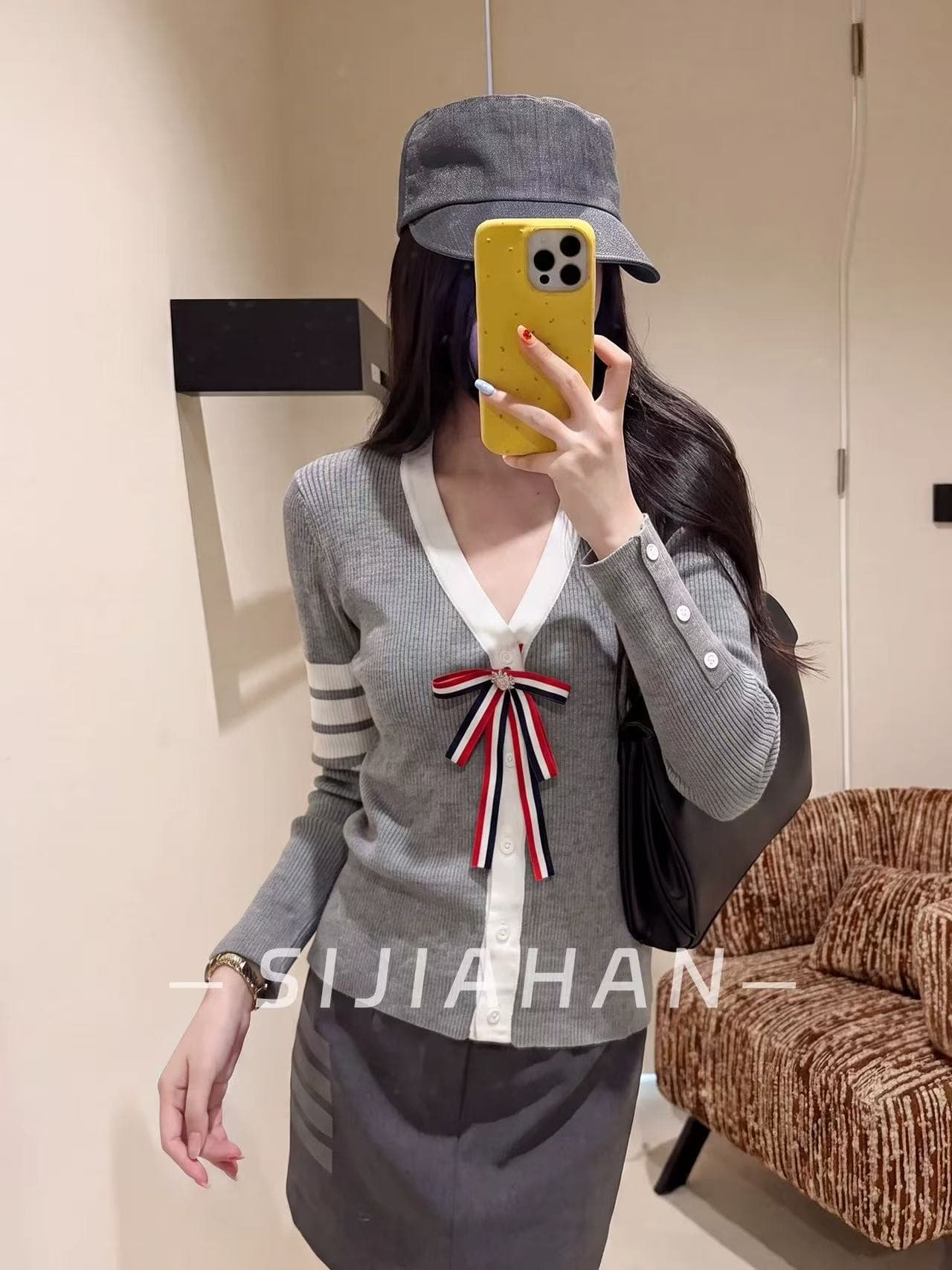 생각하기 지아 한 학원 스타일 V넥 배색 측면 나비 매듭 니트 오픈 가디건 여성 여름 몸매 가꾸기 슬림해 보이는 스웨터 맨위