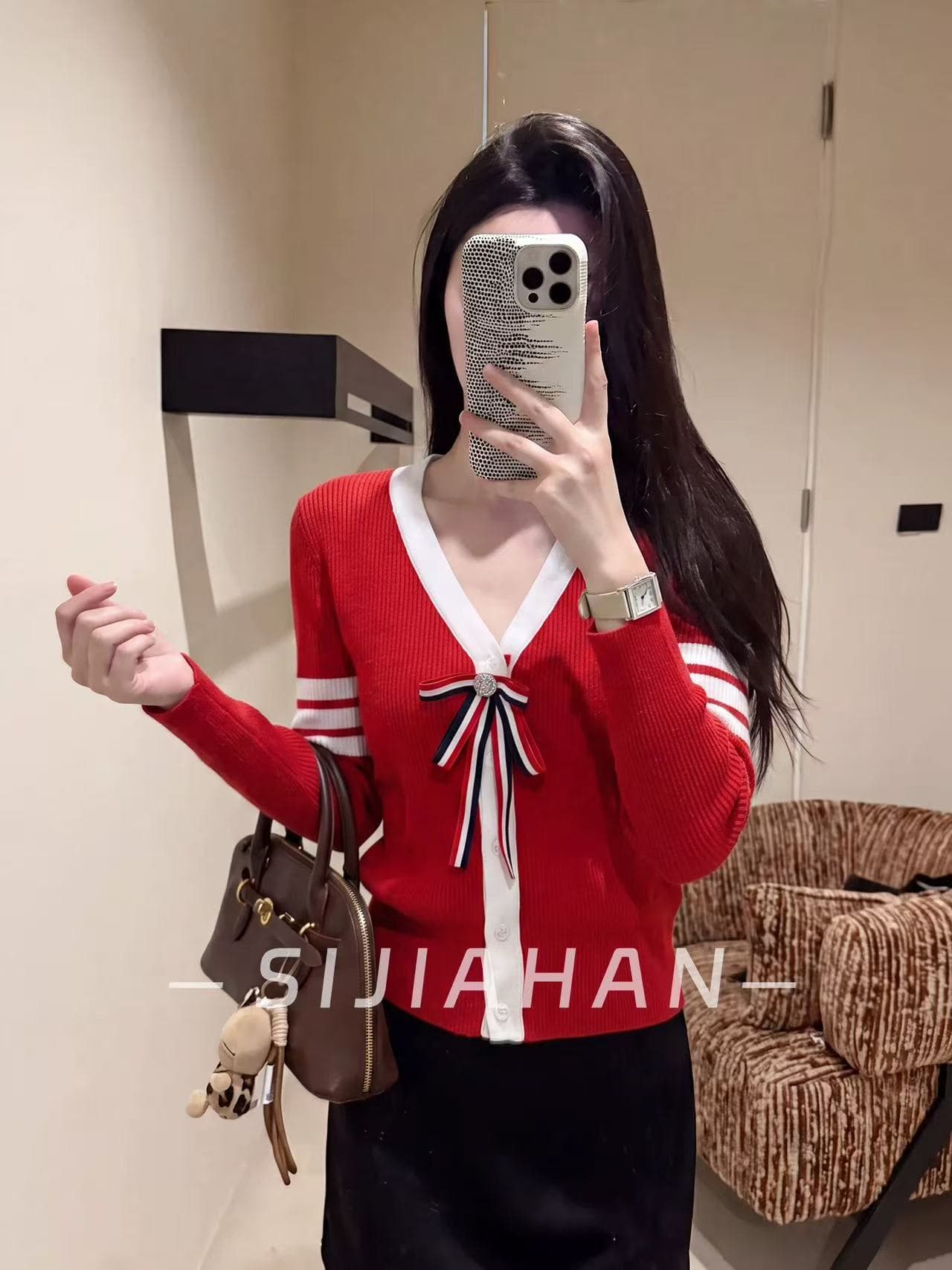 생각하기 지아 한 학원 스타일 V넥 배색 측면 나비 매듭 니트 오픈 가디건 여성 여름 몸매 가꾸기 슬림해 보이는 스웨터 맨위 이미지 4