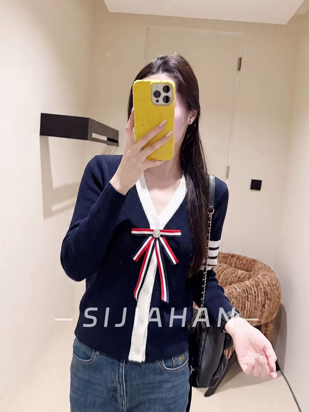생각하기 지아 한 학원 스타일 V넥 배색 측면 나비 매듭 니트 오픈 가디건 여성 여름 몸매 가꾸기 슬림해 보이는 스웨터 맨위 상세 이미지 2